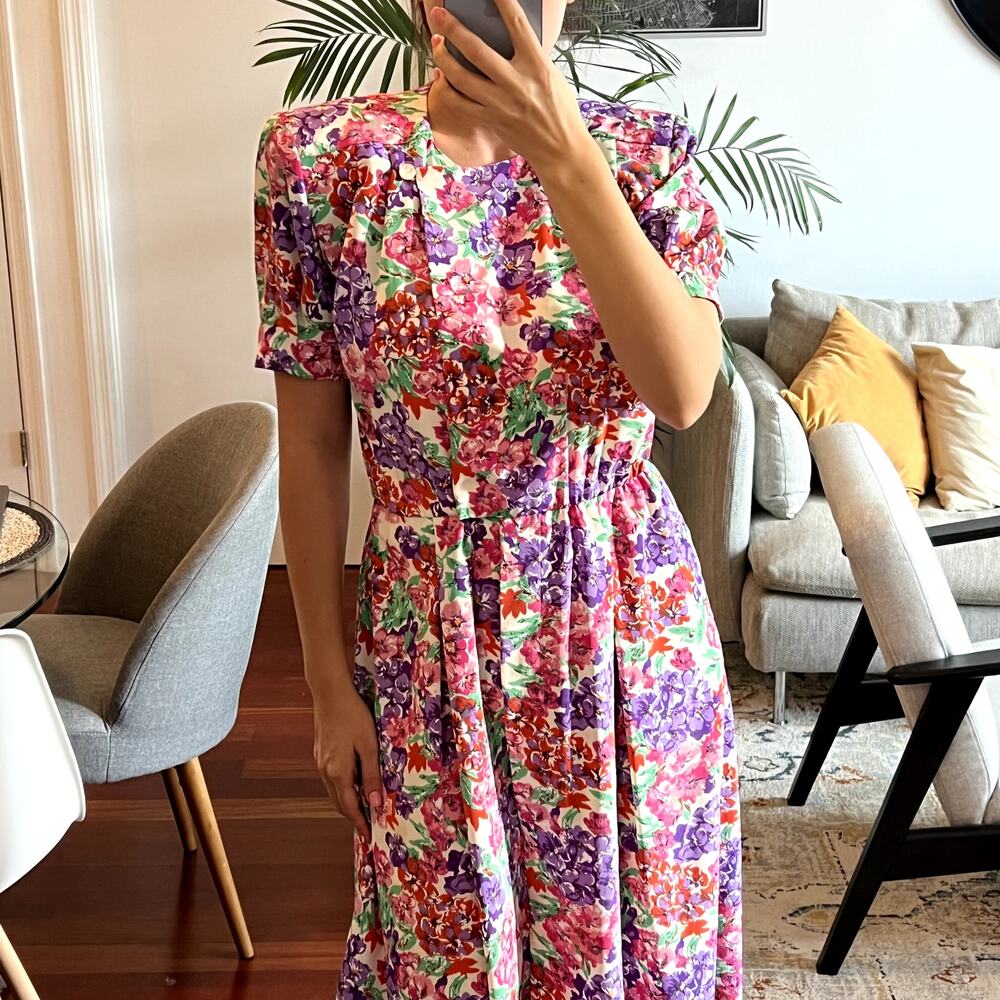 Liz Claiborne floral vintage midi dress size 6 white purple - Picture 3 of 8